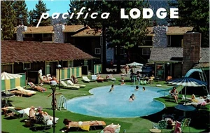 Pool Sunbathers Pacific Lodge South Lake Tahoe California Postcard - Picture 1 of 2