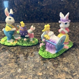 set of 2 VTG Easter Bunny Rabbit family eggs & chicks Resin Figures 3" H CUTE - Picture 1 of 7