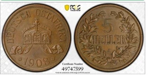 1908 J GERMAN EAST AFRICA 5 HELLER PCGS 62BN - Picture 1 of 2