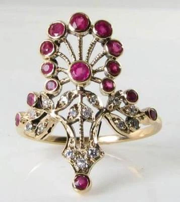 9K 9CT GOLD RUBY & DIAMOND ART DECO INS PEACOCK  FULL  FINGER RING FREE RESIZE - Image 1 of 4