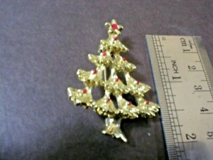 Christmas Tree Crystal Rhinestone Gold Tone Brooch Pin 2" H x 1 1/2" W - Picture 1 of 4