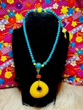 Big Eggyolk Yellow Amber Pendant Necklace W/ 6mm + turquoise  Necklace US seller