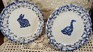 Set of 3 Ceramic Folk Craft Animals Spongeware 2 Rabbit 1 Goose Salad Plates - Picture 1 of 4