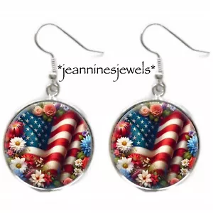 American Flag EARRINGS Vintage Floral 4th Of July Gift Silver Charm Dangle - Picture 1 of 13