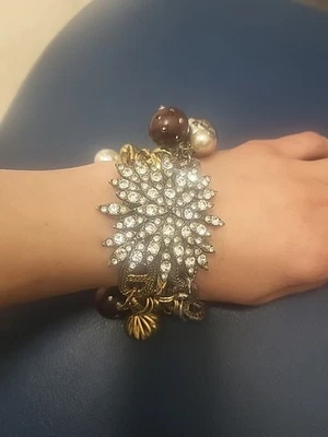 Magnífico brazalete vintage dorado con cuentas con diamantes de imitación 7" Foto 1 de 4