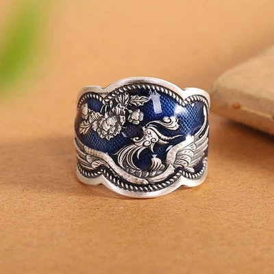 Solid 999 Fine Silver Blue Phoenix Flower Women Ring Adjustable 6-9 - Image 1 of 4