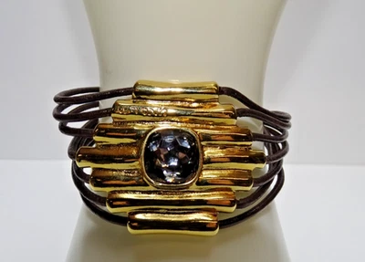 Pulsera Uno de 50 ATTACHED Chapada en Oro Gris Cristal Cuero Talla 6.5 Foto 1 de 4