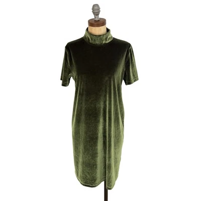MADEWELL Velvet Mock Neck Mini Dress M Olive Green Short Sleeve Pullover EUC B45 - Image 1 of 4