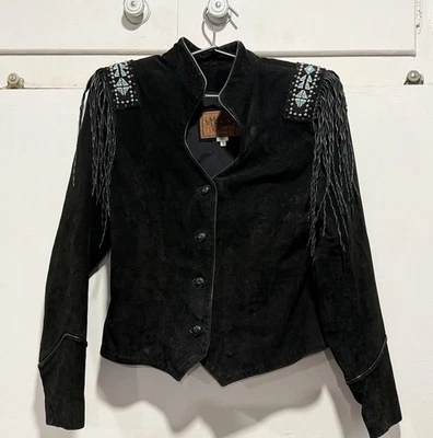 Chaqueta VNT Echo Mountain Gamuza Cuero Negro Nativo Occidental Talla 8 Foto 1 de 4