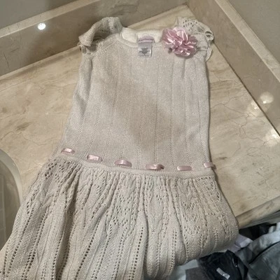 American Girl Size 7 Ivory Sparkle Sweater Dress With Pink Ribbon & Flower  - Image 1 of 4