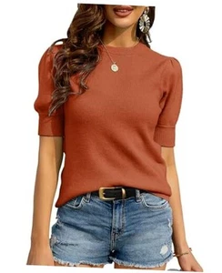Womens Puff Short Sleeve Sweater Casual Summer Crew Neck X-Large Brick Red - Picture 1 of 5