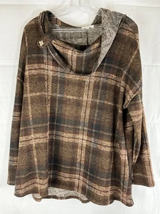 Top túnica cuello capucha a cuadros Ava James poliéster talla 2X marrón manga larga nuevo - Imagen 1 de 4