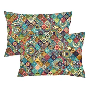 Boho Throw Pillow Cover Queen Size Set of 2, Vintage Bohemian Flowers Mandala... - Picture 1 of 6