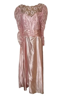 VTG 80s Lace Satin Dress Sz 12 Pink Union Made Party Bridesmaid Prom Gown Maxi - Image 1 of 4