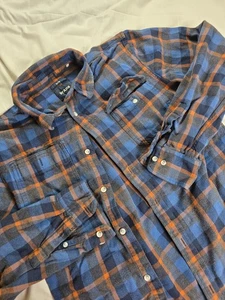 prAna camicia flanella uomo grande blu arancione a quadri manica lunga bottoni davanti slim - Foto 1 di 9