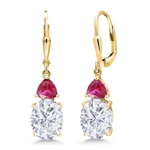 18K Yellow Gold Plated Silver White Moissanite and Created Ruby Dangle Earrings - Picture 1 of 5