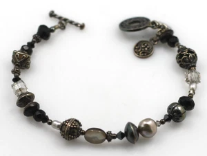 Tres Jolie Sterling Silver black & pearl Crystal Bali Bead Toggle Bracelet 7.5" - Picture 1 of 5