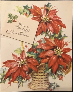 Vintage Natale Auguri Cesto di Bellissime Poinsettie 2 in Uno Biglietto MC/HNY - Foto 1 di 5