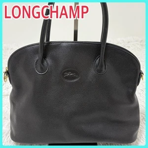 Borsa a mano Longchamp pelle venata nera logo centrale gancio stringa - Foto 1 di 18