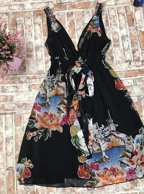 XXI Women's Black Floral Sleeveless V Neck Casual Knee Length Dress Medium - Image 1 of 4