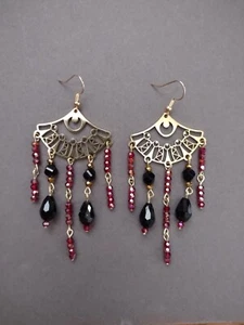 Earrings Handmade Chandelier Gold Black Red Crystal Drop Dangle - Picture 1 of 1