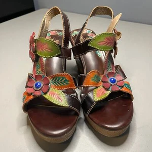 Spring Step Althea Sandals Womens 39 US 8.5 Brown Floral Leather Slingback Wedge - Picture 1 of 8