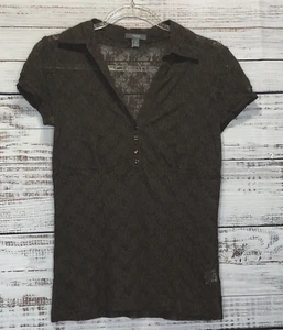 Apt 9 Blouse Junior M Brown Lace Short Cap Sleeve 1/4 Button V-Neck Sheer - Picture 1 of 17