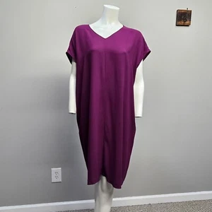 Eileen Fisher Dress Small Midi Burgundy 100% Silk Georgette Crepe Relaxed Boxy - Picture 1 of 7
