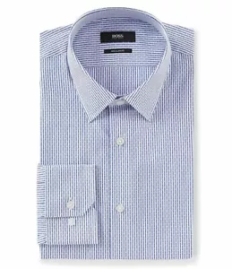 CAMICIA CON ETICHETTA HUGO BOSS ENZO NERA REGULAR FIT POINT COLLETTO A RIGHE BLU - NUOVA CON ETICHETTE - Foto 1 di 5