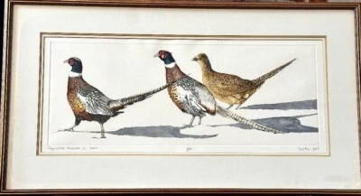 Sueellen Ross "Ring-necked Pheasants In Snow" Hand Colored Etching  Print 1/350 - Image 1 of 4