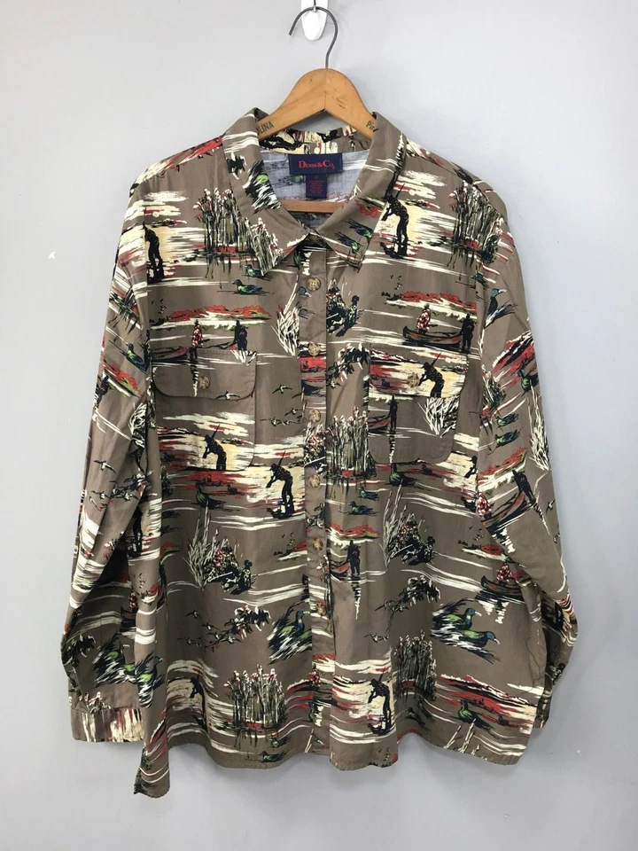 Duck Hunters Hunting Dog Duck Boat Print Shirt Denim Co. Mens 3X 100% Cotton - Image 1 of 4