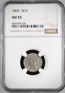 1869 Three Cent Nickel - NGC AU 55 - Picture 1 of 5
