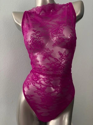 Victoria's Secret Nwt Outrageous Pink High Neck Lace Thong Bodysuit Teddy XL - Image 1 of 4
