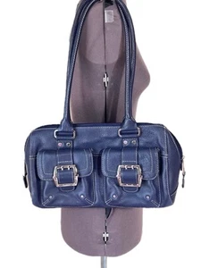 Vtg Y2K Leather Barrel Baguette Shoulder Bag Navy Blue Silver Buckles Pristine - Picture 1 of 16