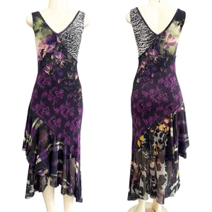 Fuzzi Designer Kleid schwarz lila Stufen Vögel Blumen Tier asymmetrisch XS - Bild 1 von 19