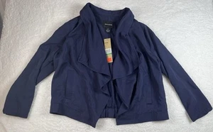 Donna Karan DKNY Jacket Womens L Navy Open Front Roll-Tab Sleeve Shacket Preppy - Picture 1 of 15