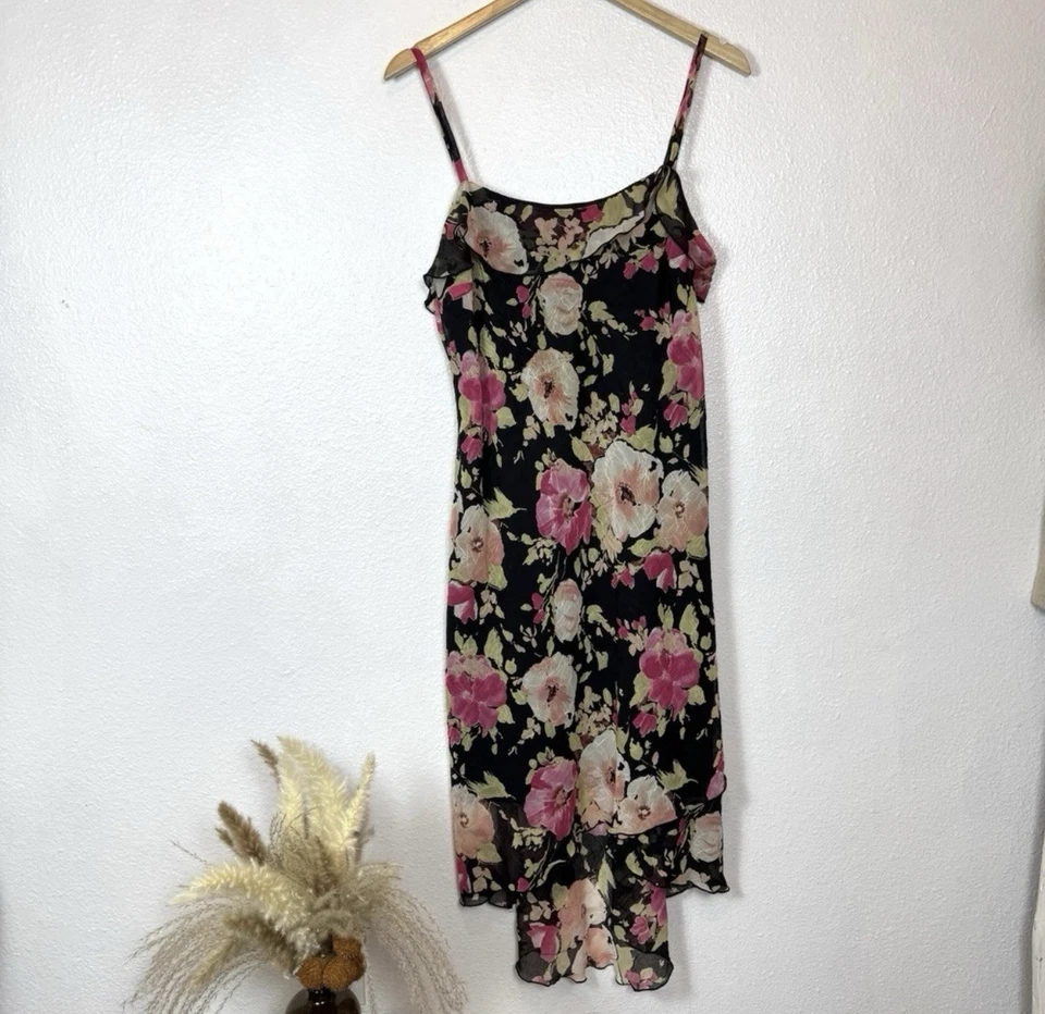 Vestido sin mangas floral con cuello drapeado Y2K para mujer 14 Petite AGB Byer California arrugado Foto 1 de 4