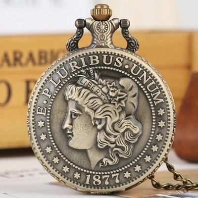 Vintage Style US Coin Design Quartz Pocket Watch with Chain Christmas Gift Idea - Image 1 of 4