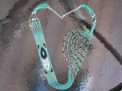 Lange & wunderschöne Hand Perlen Navajo Feder Halskette "schwarzer Onyx" 8 Stränge John - Bild 1 von 4