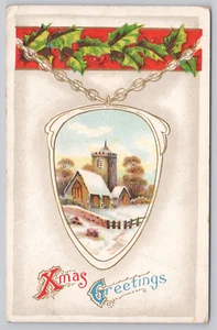 Postkarte mit geteilter Rückseite geprägt Weihnachtsgrüße verschneite Kirchenszene - Bild 1 von 2
