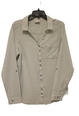 Camisa para mujer Columbia con botones a rayas aguamarinas manga larga algodón calado grande Foto 1 de 4