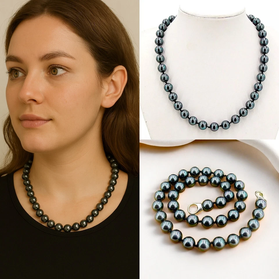 OPERHAUS Tahiti schwarze Muschelkernperle Perlen Kette Halskette Knoten Haken - Bild 1 von 4