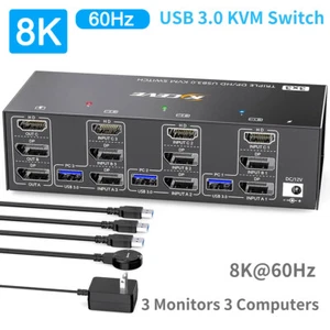 HDMI Displayport USB 3.0 KVM Switch 3 Monitor 3 PC 8K 4K Triple Monitor Switcher - Picture 1 of 28