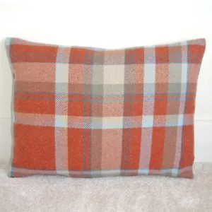Oblong Bolster Cover 12x16 Orange Grey Tartan Cushion Lumbar Wool Feel 16x12 - Picture 1 of 2