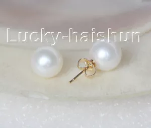 Pendientes AAA++ lustre 10mm perfectos redondos perlas blancas oro sólido 14K tachón j10534 - Imagen 1 de 2