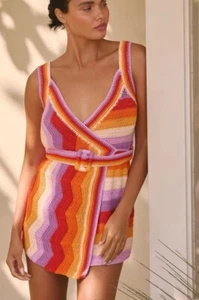 Farm Rio Anthropologie Crochet Mini Dress Knit Belted Wrapdress Medium NWT - Picture 1 of 8