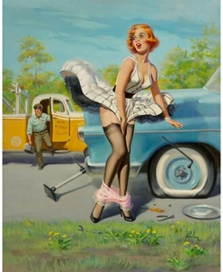 Pinup Girl - Tow Truck Flat Tire Poster Canvas Picture Art Movie Car Game Film - Picture 1 of 5