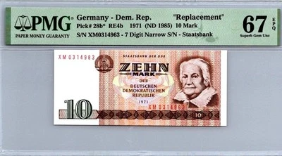 Germany 10 Mark 1971 REPLACEMENT P-28b* PMG 67 EPQ – MWR RE4b + gift! AER  - Image 1 of 3
