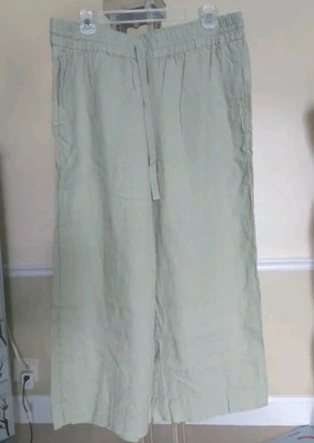 NWT J Crew 💯 % Linen Pants Sz LARGE Wide Leg Green Elastic Waist Deep Pockets  - Image 1 of 4