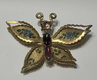 Pin de dientes dorados vintage de cristal y esmalte con flores de control de mariposas de 2 1/4 pulgadas Foto 1 de 2